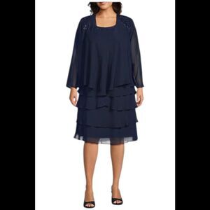 SL Fashions New York Women's Beaded Lace Chiffon 2-Piece Dress Navy - Regular
